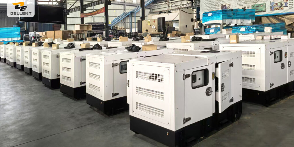 Inside the DELLENT POWER manufacturing factory, showing high-capacity diesel generator sets undergoing assembly and quality inspection.