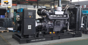 A close-up shot of an open-frame automated diesel generator set by Dellent Power inside an industrial manufacturing workshop, featuring an integrated smart control panel with ATS interface. Designed as a reliable standby power solution for unattended critical loads in industrial, medical, and data center applications. The skid base is clearly branded with 'WWW.DELLENT.COM'