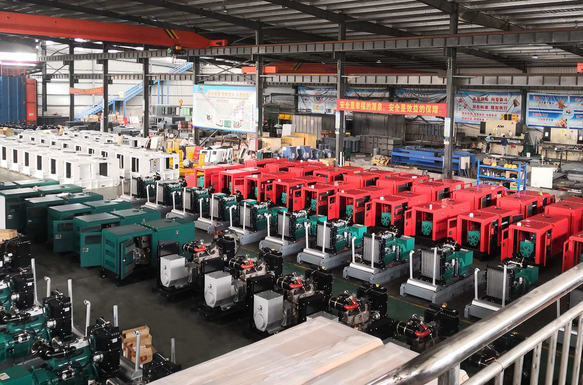 An overhead view of a massive diesel generator manufacturing facility in China, featuring intensive rows of red and green industrial power generators undergoing final assembly.