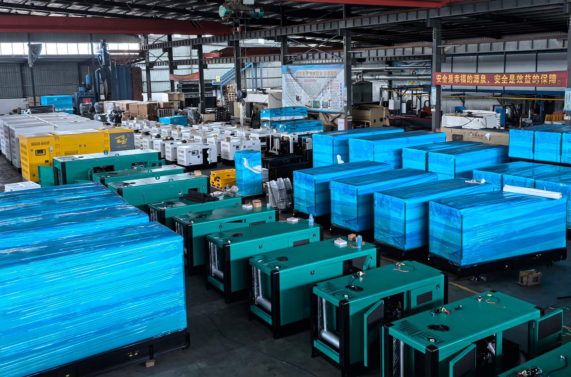 A large-scale workshop of a China diesel generator factory, showcasing rows of newly assembled green soundproof silent gensets and units wrapped in protective blue film ready for shipment.