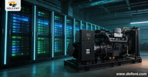 Modern data center server racks integrated with DELLENT POWER industrial diesel generator set for standby power reliability