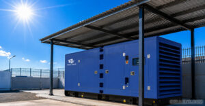 A blue DELLENT diesel generator set operating outdoors under a protective sunshade canopy on a sunny summer day.
