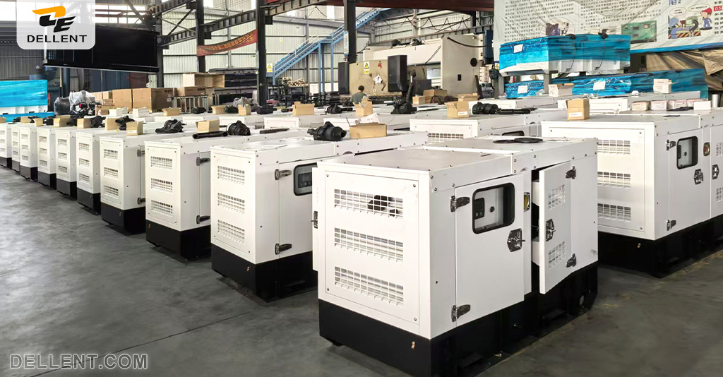 Rows of newly manufactured, high-quality silent diesel generator sets inside the DELLENT POWER modern assembly and production workshop.