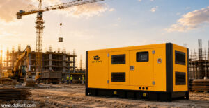Dellent large silent diesel generator set (yellow and black canopy) supplying reliable power on an active construction site at sunset, with tower crane and workers in background. Website address www.dellent.com visible on bottom left.