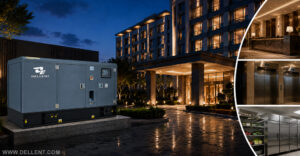 Dellent diesel generator installed outside a luxury hotel at night, ensuring backup power supply for the lobby, elevators, and kitchen refrigeration.