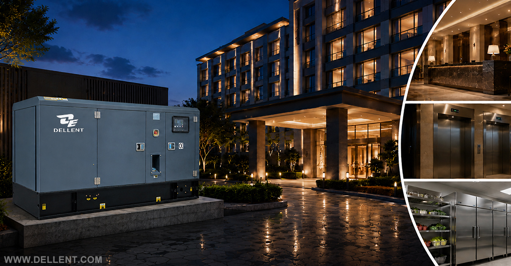 Dellent diesel generator installed outside a luxury hotel at night, ensuring backup power supply for the lobby, elevators, and kitchen refrigeration.