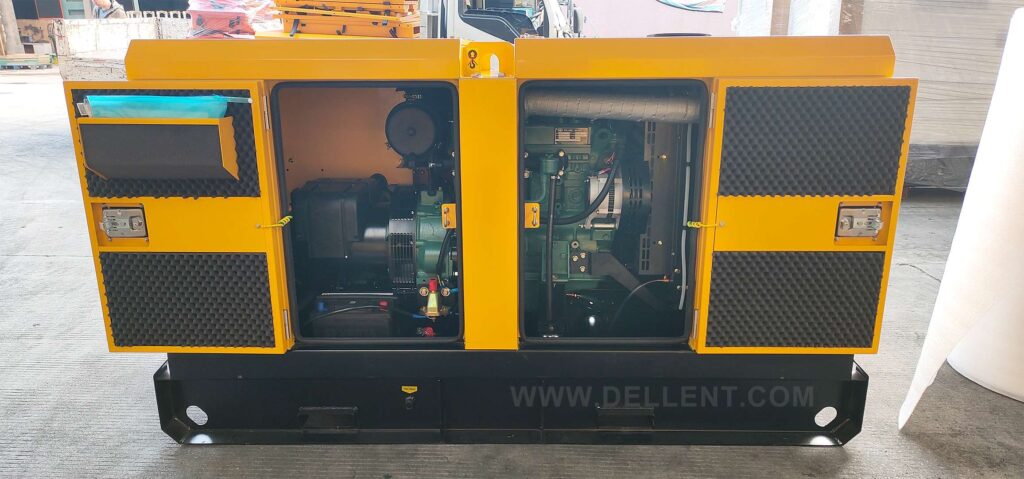 An open-door view of a yellow 20kVA FAWDE 4DW91-29D silent diesel generator, showcasing its internal engine and alternator components.