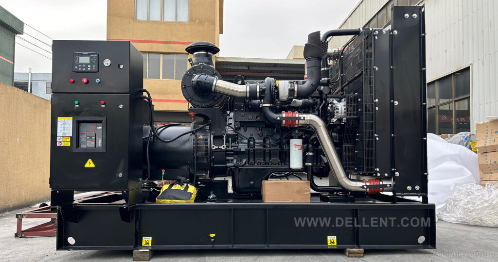 A large, heavy-duty black industrial diesel generator set with an integrated control panel and radiator, placed outdoors.