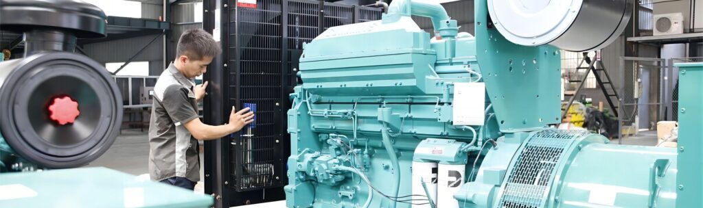A male engineer in a grey uniform examines a massive teal-colored industrial generator and its cooling radiator inside a manufacturing facility.