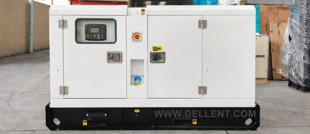 Front view of an industrial soundproof diesel generator housed in a white protective canopy enclosure with a black base frame, showing the digital control panel and safety switches.