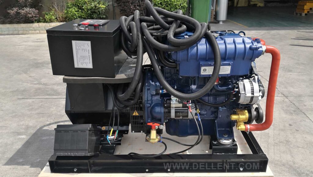 Weichai marine open-frame diesel generator set on an open skid, showcasing the blue engine block, alternator, and black control box.